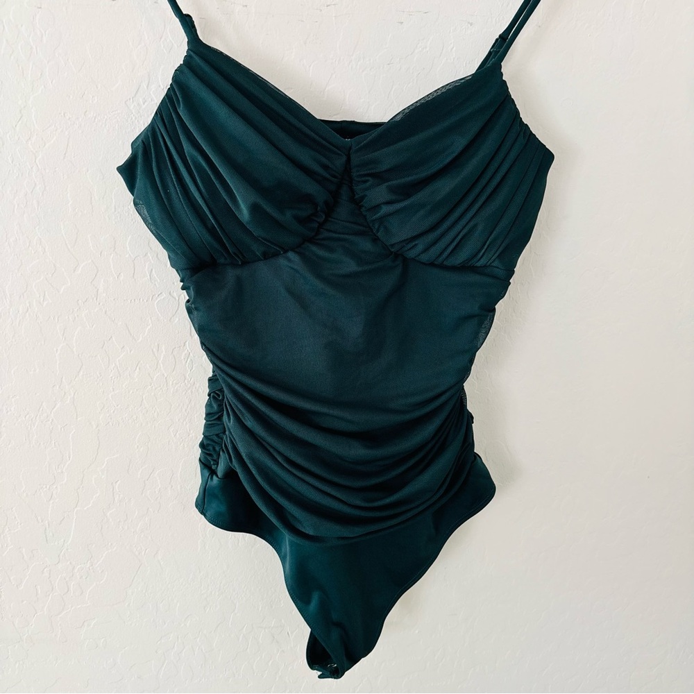 Express Body Contour Ruched Mesh Bodysuit Dark Green Size Medium - Picture 3 of 8